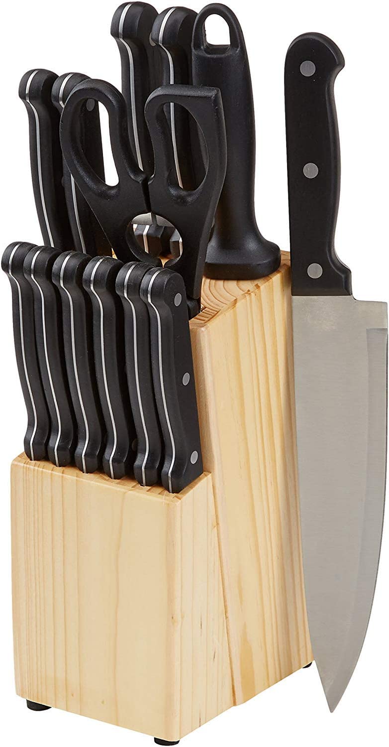 14-Piece Kitchen Knife Block Set, High-Carbon Stainless Steel Blades with Pine Wood Knife Block
